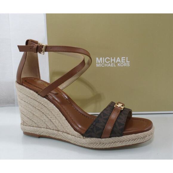 Michael Kors Mandy Espadrille Wedge Heels Sandals MK Logo Brown / Luggage - Picture 1 of 7